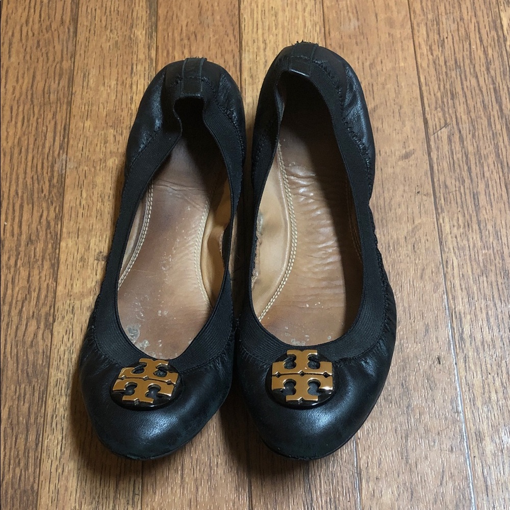 Tory Burch Black Leather Logo Ballet Flats with Gold Emblem